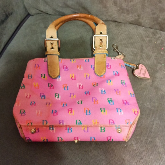Dooney and Bourke pink multi color DB all over with tan leather handles - Picture 11 of 17